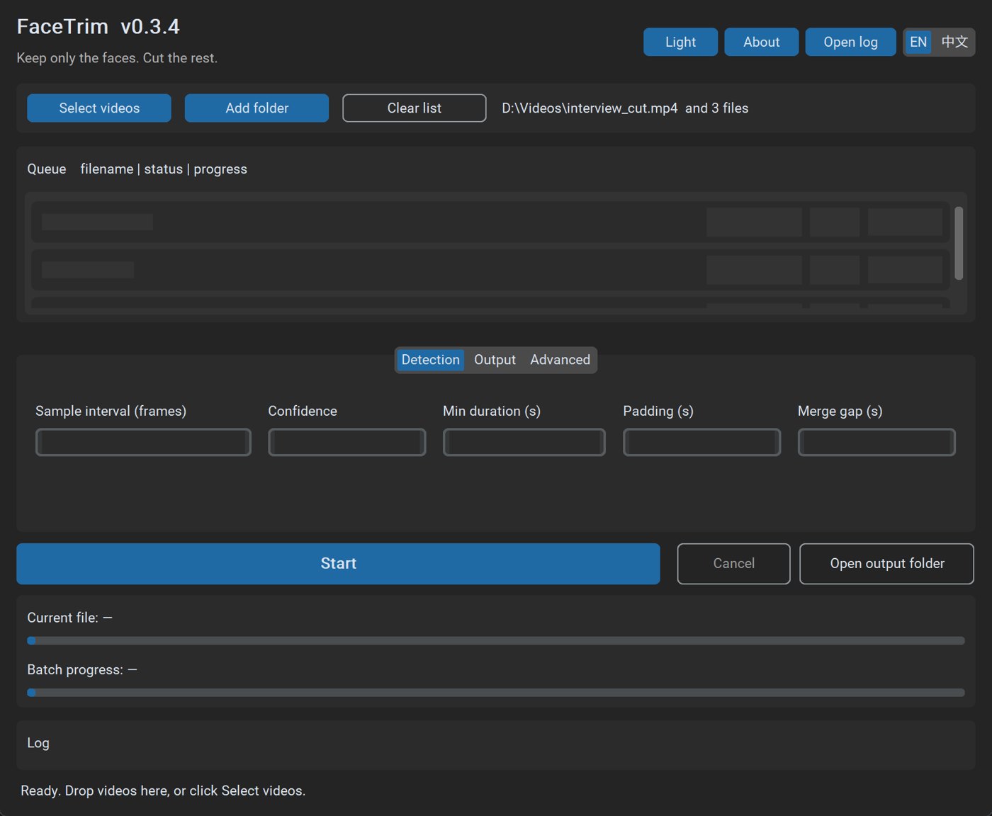 FaceTrim screenshot — batch extract face segments from video